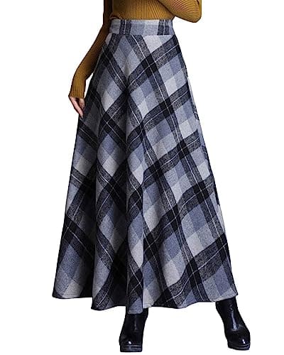 Vintage High Waist Wool Blend Plaid A-Line Maxi Skirt for Women