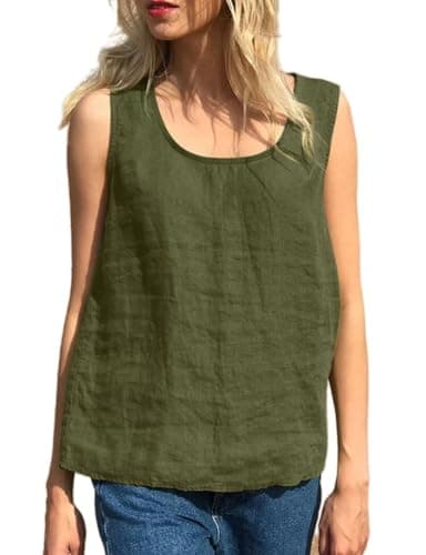 Lightweight Linen Tank Tops for Women- Crew Neck, Sleeveless Blouse — Army
