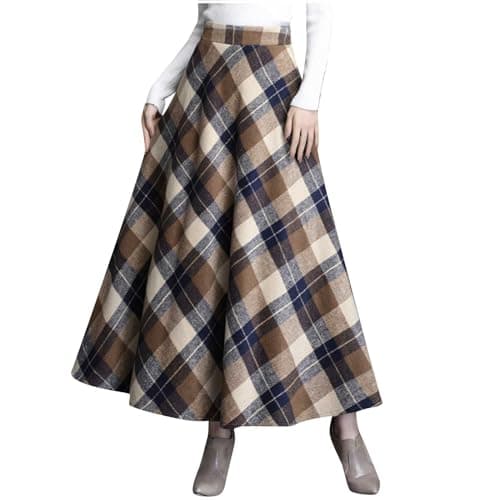 Lpmadey Women's Plaid Wool Flare Skirts Winter Warm Maxi — Khaki