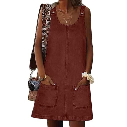 HUEOBIR Denim Overall Dress for Women Round Neck Skirtall Jean — Denim Rust Red