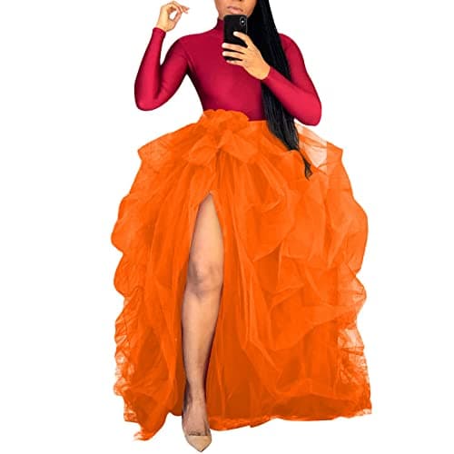 Women's Tulle Maxi Skirt with High Waist and Ruffle - A-Line Floor Length Wedding Skirt — Orange