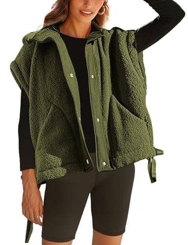 Athlisan Womens Sherpa Jacket with Pockets Casual Fleece Vest — Armygreen