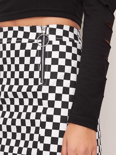 WDIRARA Women's Elegant Mid-Waist Plaid O-Ring Zipper Mini Skirt