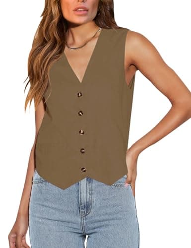 Floral Find Women's Casual Sleeveless V-Neck Business Vest with Pocket — Light Coffee