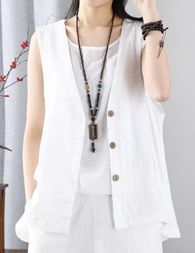 Womens Linen Vest Casual Sleeveless Blazer Jacket