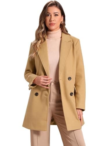 Allegra K Women's Belted Mid-Length Double Breasted Winter Coat — Khaki