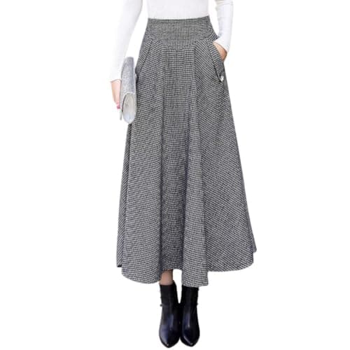 Chouyatou Women's Elegant Houndstooth Midi Wool Skirt with Pockets — Black White