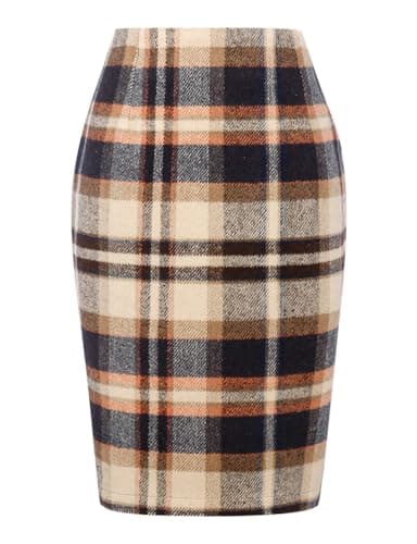 Womens Plaid Wool Pencil Skirt for Fall and Winter — Dark Brown