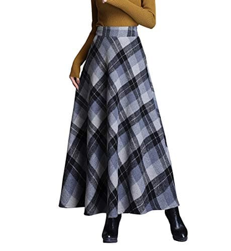 Biilyli Women's Elegant Plaid Wool High-Waisted Maxi Skirt — Grey