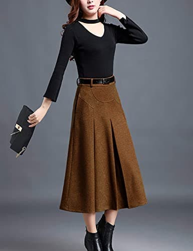 Tanming Women's Winter High Waist Pleated Wool Midi Skirt with Belt Loops