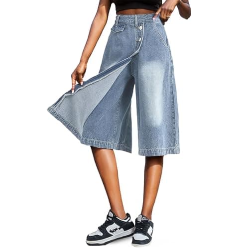 Djeanxa Women's Y2K Wide Leg Knee-Length Denim Shorts with Pockets — Light Blue