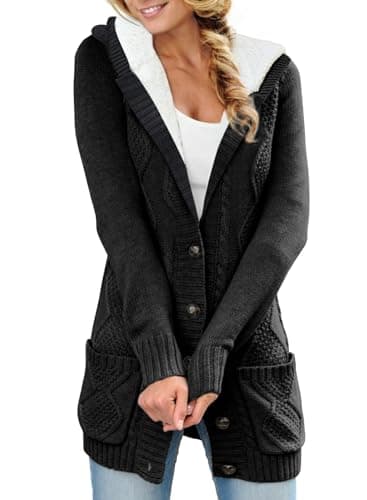 Sidefeel Women's Hooded Fleece Cardigan Winter Coat with Pockets — Black