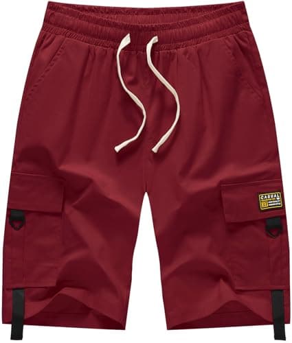 XinYangNi Men's Cargo Shorts Elastic Waist Casual Outdoor Lightweight Work Shorts Multi-Pockets — Burgundy3