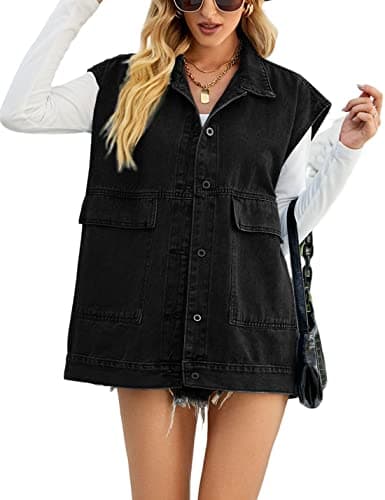 PAODIKUAI Women's Oversized Distressed Denim Vest Jackets — A-dark Balck