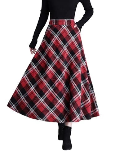 Womens Long Wool Plaid High Waist Flared Skirt Winter Warm