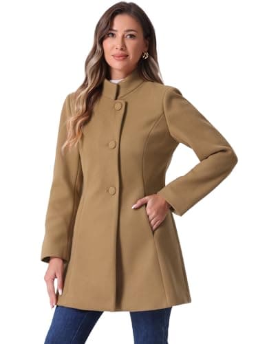 Allegra K Women's Mid-Long Winter Stand Collar Overcoat — Camel