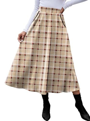 HUSKARY Classic High-Elastic Waist Plaid Midi Skirt for Women — Tartan01