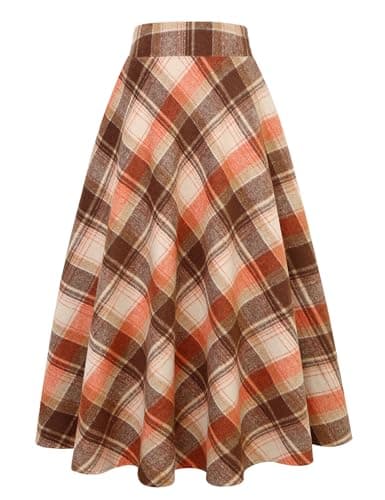 Women's Long Plaid Wool Skirt for Winter: High Waisted A-line Flare — Orange Brown