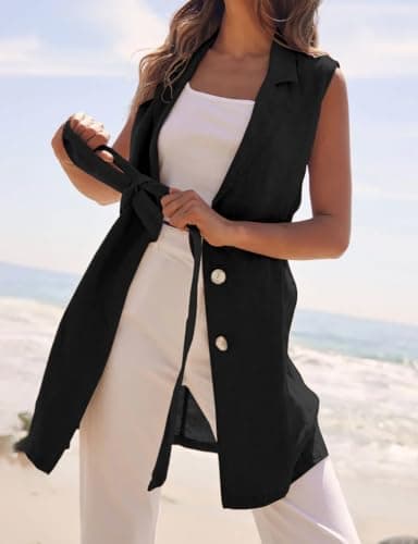 IDEALSANXUN Women's Linen Sleeveless Blazer Casual Jacket with Belt