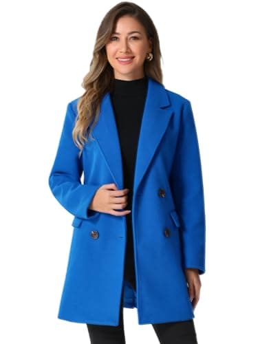 Allegra K Women's Belted Mid-Length Double Breasted Winter Coat — Blue