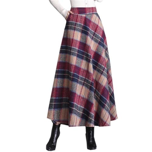 SANGTREE Women's High-Waist Flared Tartan Wool Skirt