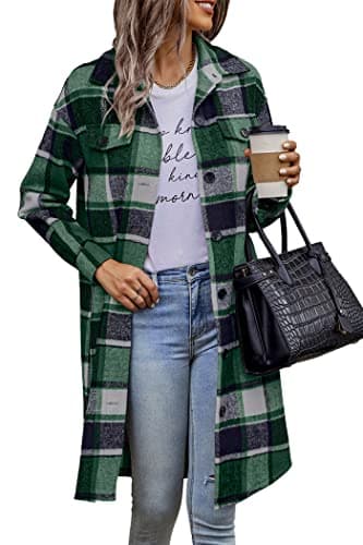PrettyGarden Women's Plaid Shacket Long Sleeve Button Up Flannel Winter Coat