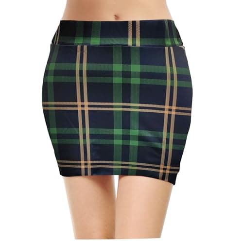 Topdress Women's High Waisted Elastic Pencil Skirts with Slit — Green Plaid Mini