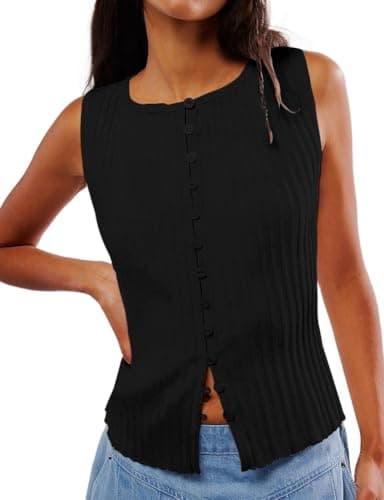 IDEALSANXUN Ribbed Button-Up Tank Tops for Women Y2K Cute Summer Tops — Black