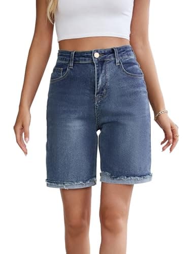 TOSATISFINE Women's High-Waisted Stretch Jean Shorts — Blue-rolled Hem