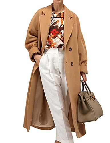 Himosyber Women's Wool Blend Camel Pea Coat with Notched Collar