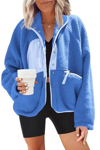 Nirovien Women's Fuzzy Fleece Button Down Sherpa Coat Winter Warm Coat — Light Blue