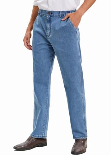 Men's Relaxed Fit Elastic Waist Jeans with Zipper and Button