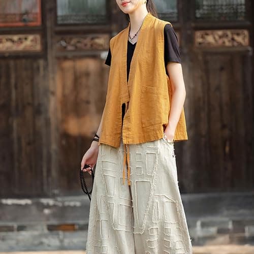 LUZU JUNU Women's Lightweight Cotton Linen Sleeveless Blazer Vest