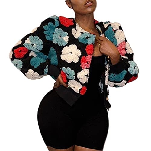 HOULENGS Women's Cropped Floral Fleece Bomber Jacket for Winter Warmth — Red