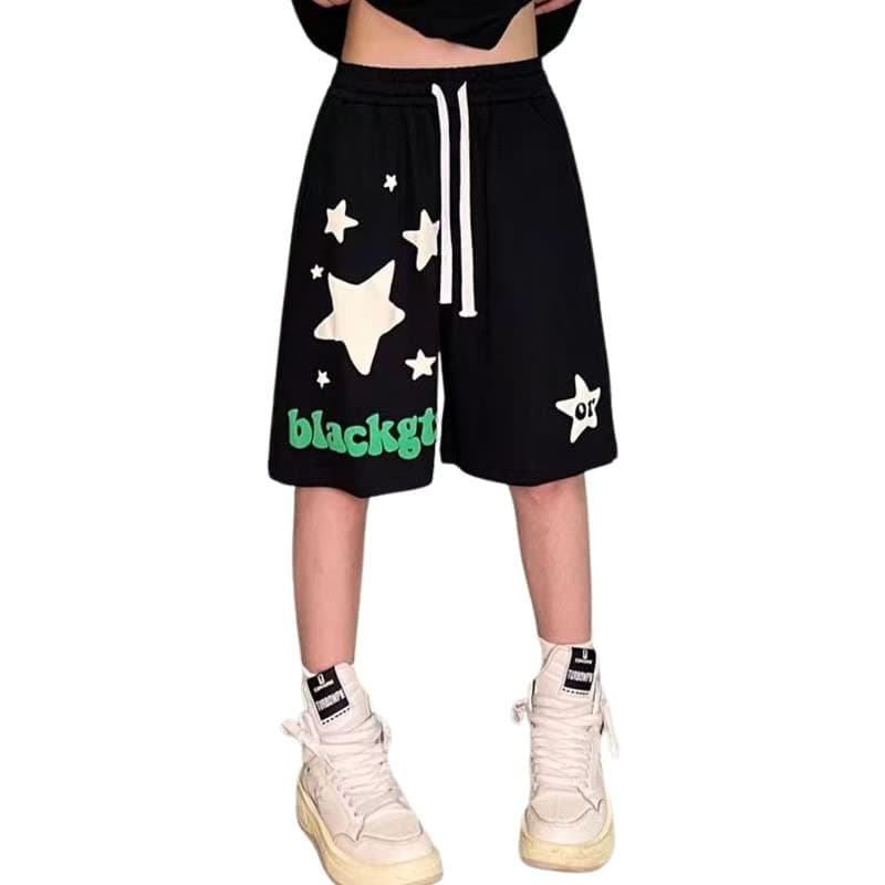 HOPECK Women's Star Aesthetic Wide Leg High Waist ShortsVintage Summer Fashion — Black2