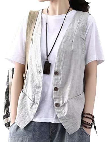 Cotton Linen Women's Sleeveless Vest Fashion Casual Blazers — Grey