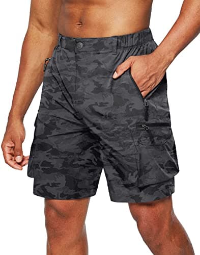 Men's Pudolla Quick-Dry Hiking Cargo Shorts with Multi Pockets for Camping and Travel — Black Camo
