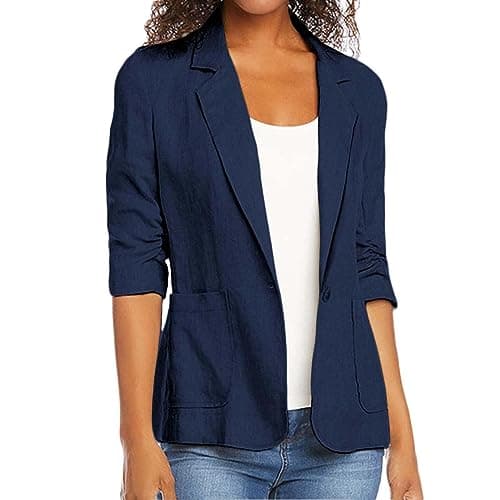 Women's Cotton Linen 3/4 Sleeve Open Front Blazer Jacket — Dark Blue
