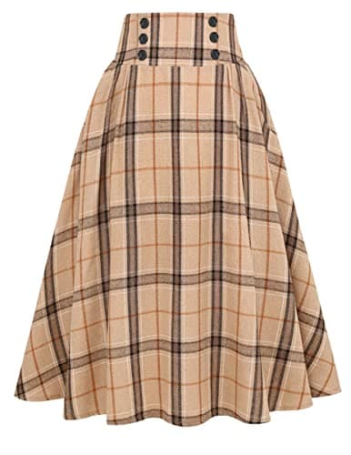 Women's High Waist Plaid A-line Midi Skirt by IDEALSANXUN — Khaki 01