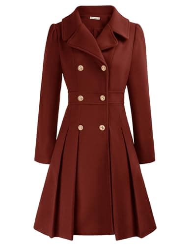 GRACE KARIN Women's Trench Coat Notch Lapel Double Breasted Pea Coat Jacket — Dark Red