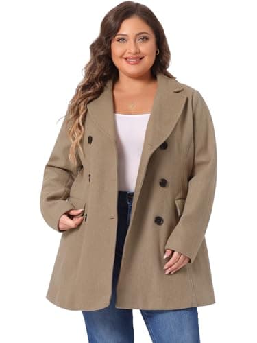 Agnes Orinda Plus Size Notched Lapel Double Breasted Long Coat — Light Brown
