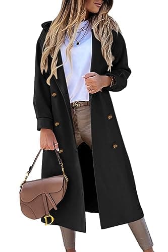 BZB Women's Elegant Double Breasted Pea Coat Winter Wool Blend Notched Collar — Black