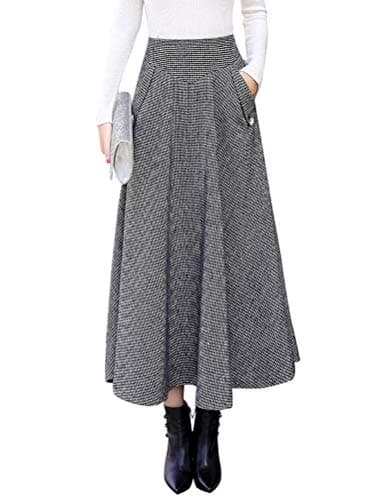Women's High Waisted Wool Plaid A-line Long Skirt for Fall/Winter