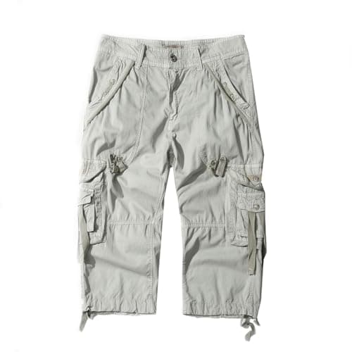 AOYOG Men's 3/4 Cargo Shorts Relaxed Fit Cotton Capri Pants — White Grey