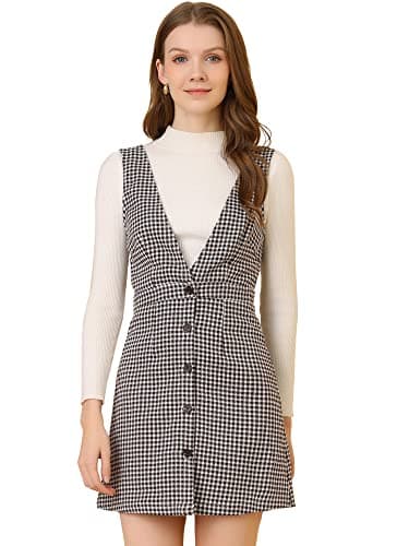 Women's Halloween Plaid Houndstooth Overalls Dress — White Brown
