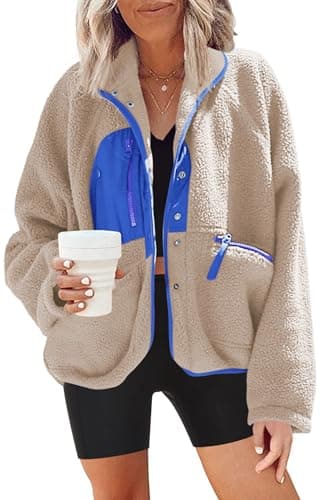 Nirovien Women's Fuzzy Fleece Button Down Sherpa Coat Winter Warm Coat — Khaki Blue
