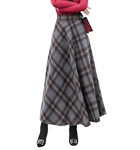 Artykey Women's High Waist Warm Plaid Wool Maxi Skirt S-3XL — F Grey