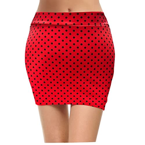 Topdress Women's High Waisted Elastic Pencil Skirts with Slit — Red Black Dot Mini