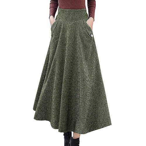 High Waist Plaid Wool Maxi Skirt for Women - A-Line Flared Style — Army Green Plaid