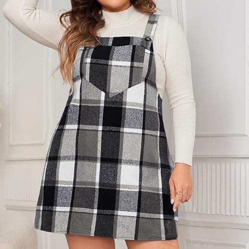 YADEOU Women Plus Size Cute Plaid Pinafore Dress with Pocket
